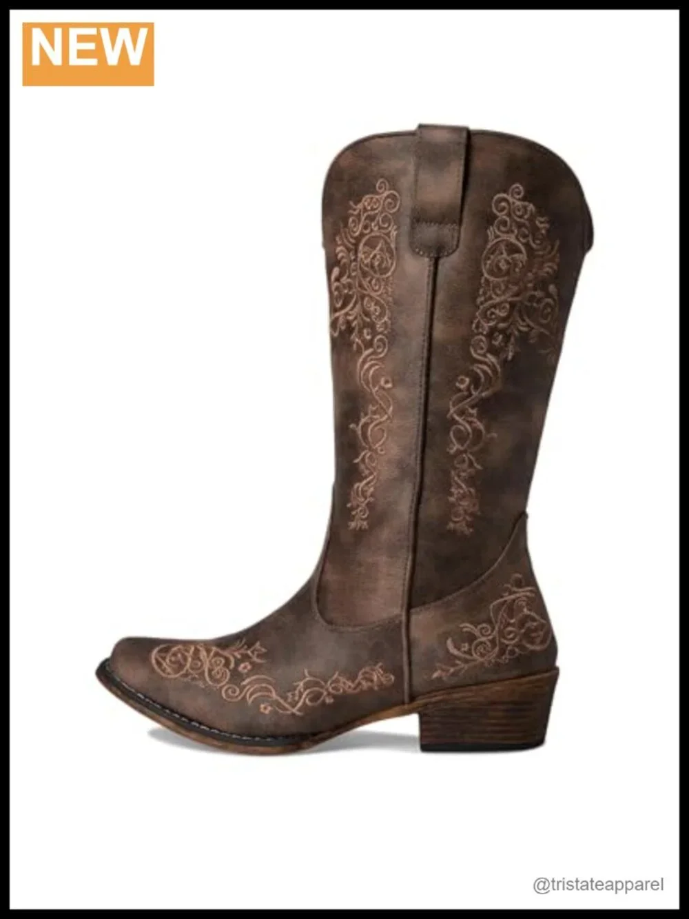 Riley Scroll Embroidered Snip Toe Mid Calf Boots, Faux Leather, Low Heel